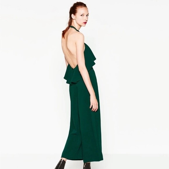 Zara Emerald Green Ruffle Detail Backless Halter Top Jumpsuit- Size Small - Picture 2 of 7